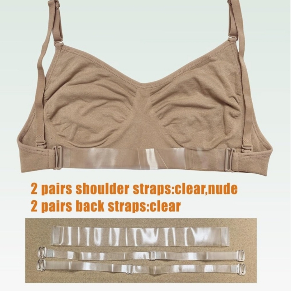 💛🩷Women's Big-Girls Nude Dance‎ Bra Clear Strap  Ballet Bra 3 Pieces🩷